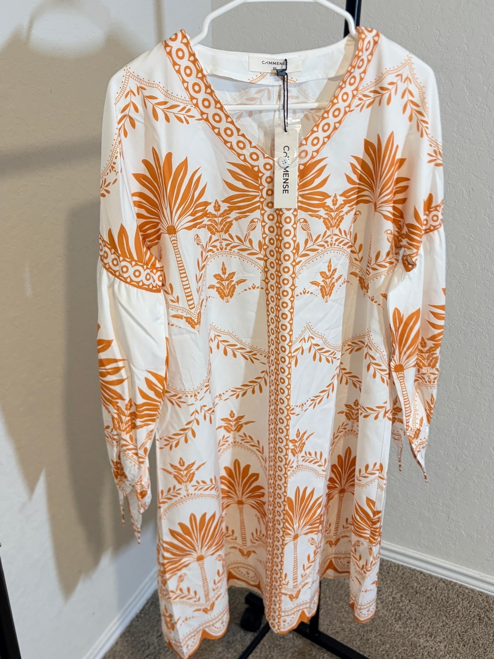 Commense Oversized White Dress with Orange Botanical Print